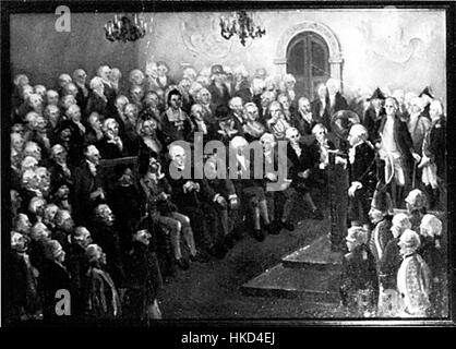 Immanuel Kant, philosophe du XVIIIe siècle, donnant une conférence devant un public, comme dans une peinture qui reflète son influence sur la pensée occidentale et la philosophie moderne. Banque D'Images