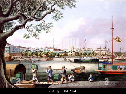 Cette peinture représente une scène de thé chargé sur des navires à Canton (aujourd'hui Guangzhou), en Chine, mettant en évidence le commerce historique du thé qui a prospéré au cours des XVIIIe et XIXe siècles. Le travail capture l'atmosphère animée du port, reflétant son importance dans le commerce mondial au cours de cette période. Banque D'Images