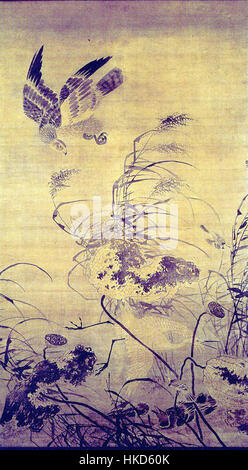 'Eagle, Egret, and Lotus' de LV Ji est une peinture détaillée représentant un aigle majestueux et une aigrette aux côtés d'une fleur de lotus. Cette œuvre met l'accent sur la beauté de la nature et l'harmonie entre les animaux et les plantes, mettant en valeur le brossage fin typique des traditionnels chinois Banque D'Images