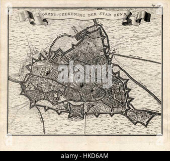 Cette carte de Gand du XVIIIe siècle, créée par Isaak Tirion et basée sur le travail cartographique de Guillaume de l'Isle, offre une vue détaillée de la ville. Connue pour sa précision, cette carte sert de document historique important sur le développement urbain de Gand au cours de la période. Banque D'Images