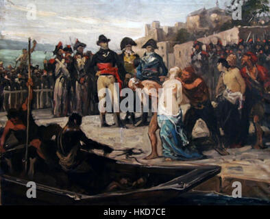 Le tableau 'Noyades Nantes' représente un événement historique pendant la Révolution française, montrant la tragique noyade de masse de victimes à Nantes. L’œuvre illustre les horreurs de l’événement et la violence politique de l’époque. Banque D'Images