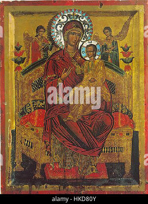 Le tableau représente Pantanassa, une icône vénérée abritée au monastère de Vatopedi sur le mont Athos. L'icône représente la Vierge Marie et a une grande importance dans le christianisme orthodoxe oriental, en particulier au sein de la communauté monastique. Banque D'Images
