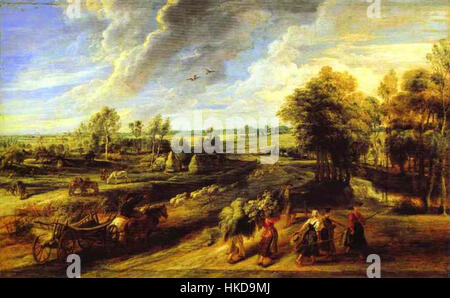 La peinture de Rubens *Ritorno dei Contadini dai Campi* (retour des paysans des champs) représente des paysans revenant après une journée de travail. La peinture capture le contraste entre les dures réalités de la vie rurale et la beauté du paysage environnant, démontrant la maîtrise de Rubens de la composition baroque. Banque D'Images