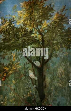 Une fresque détaillée de Villa di Livia, mettant en valeur une scène de jardin sur le mur court sud. Cette œuvre reflète la beauté et la grandeur des anciennes techniques romaines de fresques. Banque D'Images