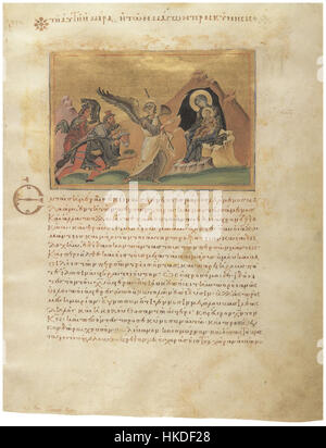 L' *Adoration des Mages*, tirée du *Ménologion de Basile II*, représente la scène biblique des trois Rois présentant des dons à l'enfant Jésus. La page manuscrite illustre l'art byzantin et l'iconographie religieuse du Xe siècle. Banque D'Images