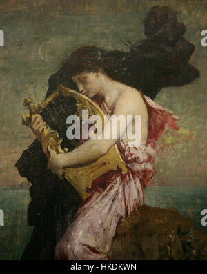 'Sahpo embrassant sa lyre' de Jules Elie Delaunay dépeint la figure mythologique de Sahpo, embrassant sa lyre dans un geste émotionnel. La peinture capte la grâce et l’émotion de ce personnage, muse de la mythologie grecque, incarnant des thèmes de la musique, de l’art et de l’inspiration divine. Banque D'Images