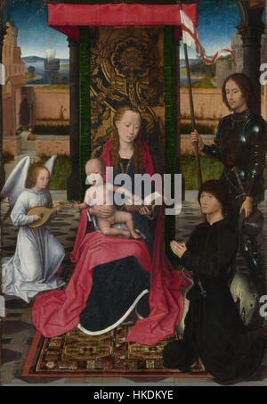 Cette peinture représente la Vierge Marie tenant le Christ enfant, accompagnée d'un ange. Il reflète la dévotion religieuse de l'époque, avec les figures capturées dans la lumière tendre et divine. L'œuvre est un exemple clé de la Renaissance religieuse comprise Banque D'Images
