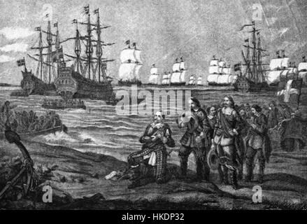 Cette peinture à l'huile représente Gustave II Adolphe, également connu sous le nom de Gustave Adolphe de Suède, alors qu'il dirige des troupes en Allemagne. La pièce historique illustre un moment clé de la Guerre de trente ans, mettant en valeur le leadership militaire de Gustave Adolphe. Banque D'Images