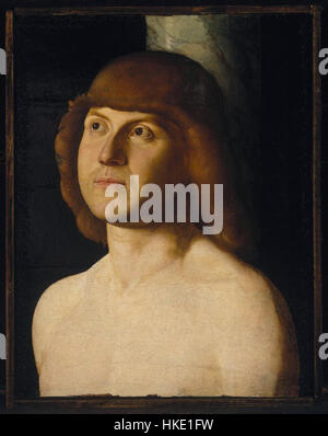 Cette peinture de Saint Sébastien, attribuée à un artiste d'école vénitien suivant Antonello da Messina, met en valeur le portrait dramatique du martyre. L'œuvre reflète le style de la Renaissance italienne de la fin du XVe siècle, se concentrant sur des thèmes religieux et des détails méticuleux dans la représentation de la souffrance de Saint Sébastien. Banque D'Images