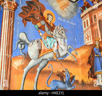 Cette œuvre d'art intitulée 'Freska od Sv. Ilija vo Melnica 07' représente une fresque de la région de Melnica, mettant en valeur des scènes religieuses. Les œuvres d'art détaillées offrent un aperçu du patrimoine religieux de la région. Banque D'Images