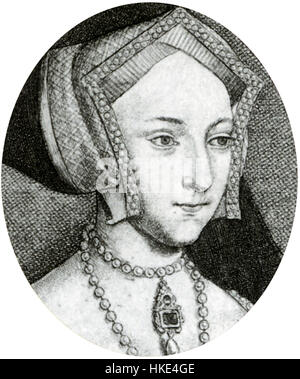 Ce portrait de Jane Seymour, épouse d'Henri VIII, capture son expression sereine et sereine, reflétant sa position dans l'histoire anglaise en tant que mère du roi Édouard VI. L'œuvre illustre le style Tudor primitif et est significative pour son contexte historique. Banque D'Images