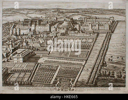 La représentation de Windsor par Kip et Knyff capture le paysage emblématique et l'architecture de Windsor, mettant en valeur la grandeur de la ville et du château de Windsor. L'œuvre comporte des gravures détaillées et est une pièce remarquable représentant l'art anglais du XVIIe siècle, soulignant la magnificence des structures royales. Banque D'Images