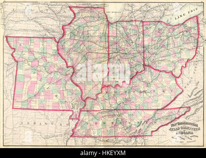 Cette carte historique de 1873 par Asher Adams représente le Midwest, en particulier l'Ohio, l'Indiana, l'Illinois, le Missouri, et le Kentucky. Il offre un aperçu précieux des frontières géographiques et politiques de la région au XIXe siècle. Banque D'Images