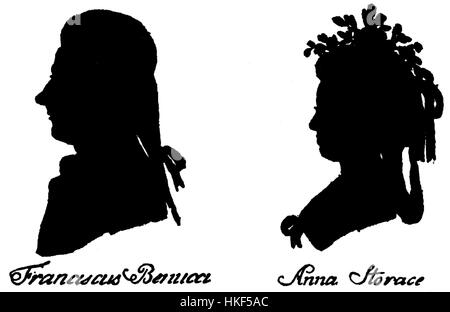 Ce portrait en silhouette, réalisé par Francesco Benucci, représente Anna Storace, célèbre soprano du XVIIIe siècle. Connue pour son rôle dans les opéras de Mozart, la ressemblance de Storace ici représente l'art et l'élégance de la scène théâtrale de l'époque. Banque D'Images