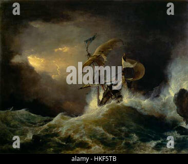 Cette peinture dramatique de George Philip Reinagle capture une scène navale d'un navire de guerre de premier ordre conduit sur un récif lors d'une violente tempête. L'action intense dépeint la lutte du navire contre les éléments. Banque D'Images