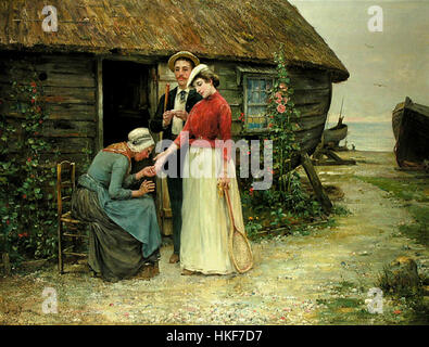 « Fortune Teller » de Henry Bacour dépeint une scène de mysticisme et de divination. La peinture représente un diseur de bonne aventure lisant le futur avec une boule de cristal, entourée de symboles du destin et du mystère. Banque D'Images