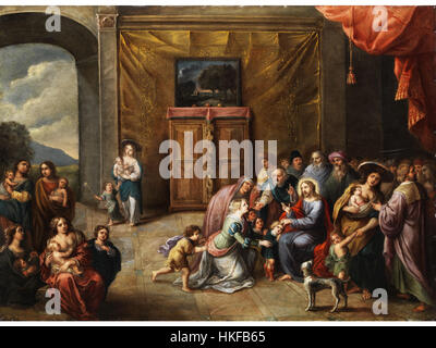 'Lasset die Kindlein zu Mir kommen' est une peinture religieuse représentant le Christ avec des enfants, créée au XVIIe siècle, reflétant les thèmes chrétiens de l'amour et de la compassion. Banque D'Images