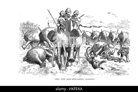 Cette caricature de T. S. Sullivant, intitulée 'Life's Patent Keely Motor Elephant', critique avec humour l'invention de Keely Motor, une tentative du début du XXe siècle de créer une machine à mouvement perpétuel, mettant en évidence l'esprit et le style satirique de Sullivant. Banque D'Images