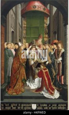 Cette œuvre, créée vers 1490, représente l'intronisation de Saint Romold comme évêque de Dublin. C'est un exemple important de l'art religieux médiéval tardif, mettant en valeur les formalités des nominations ecclésiastiques. Banque D'Images