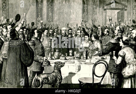 Ce tableau commémore la célébration de l'anniversaire de 1885 d'Otto von Bismarck, figure clé de l'histoire allemande. Le travail reflète l’importance politique et sociale du leadership de Bismarck pendant cette période en Allemagne. Banque D'Images