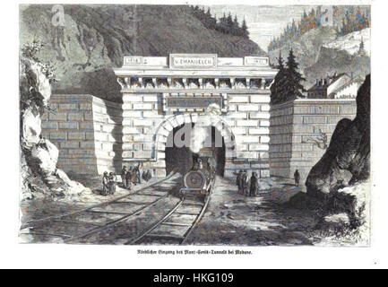 'Eisenbahn tunnel BEI Modane 1871' représente le tunnel ferroviaire historique près de Modane, en France. La peinture capture la merveille d'ingénierie du tunnel, qui faisait partie de la ligne de chemin de fer reliant la France et l'Italie, soulignant l'importance des transports à la fin du XIXe siècle. Banque D'Images