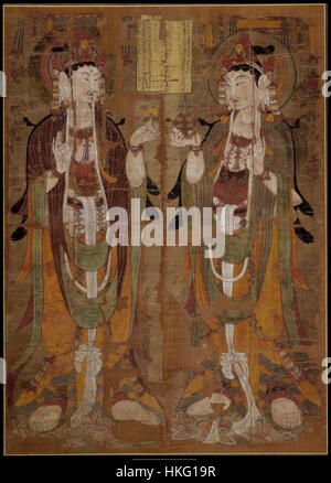 Cette peinture de la dynastie Tang (milieu du IXe siècle) représente deux Avalokitesvaras, bodhisattvas de compassion. L'encre et la couleur sur les œuvres d'art en soie soulignent le symbolisme religieux détaillé et l'art délicat caractéristique de l'art bouddhiste pendant cette période, conservé au British Museum. Banque D'Images