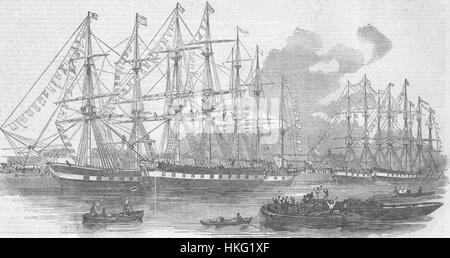 Cette peinture historique présente les navires de l'Association de Canterbury, y compris 'Bangalore', 'Dominion', 'Duke of Portland', 'Lady Nugent', et 'Canterbury'. Il capture l'importance maritime de l'époque et les voyages qui ont façonné les débuts de l'histoire coloniale. Banque D'Images