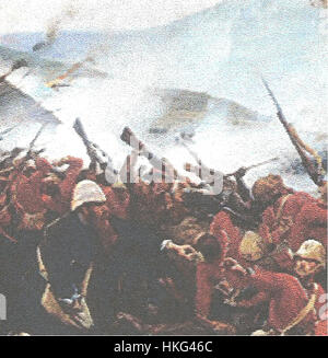 Tableau historique représentant la défense de la dérive de Rorke pendant la guerre anglo-zouloue en 1879. Cette bataille a été un moment charnière de l'histoire militaire britannique et est réputée pour la bravoure des défenseurs. Banque D'Images