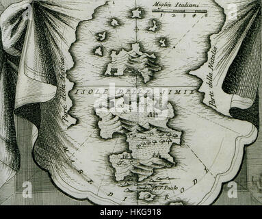 'Isola delle Simie' est une carte historique créée par Vincenzo Maria Coronelli et Antonio Parissoti en 1688. Il représente l'île aux singes, qui fait partie de la tradition vénitienne d'exploration et de cartographie à la fin du XVIIe siècle. Banque D'Images