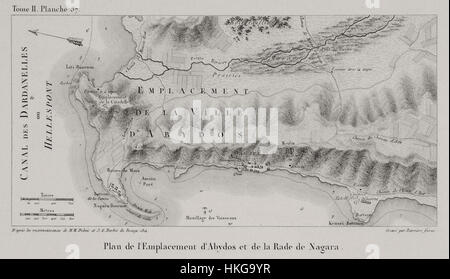 Cette carte de 1822 de Gabriel Florent Auguste de Choiseul représente le site d'Abydos et la Rade de Nagara. La carte sert de registre historique des sites anciens, montrant la disposition géographique et les points de repère importants de la région. Banque D'Images