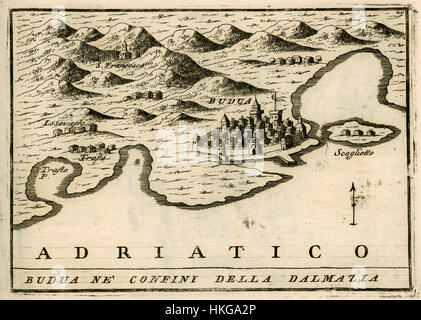 Cette carte de 1688 de Vincenzo Coronelli intitulée 'Budua ne' confini della Dalmatia' représente la région de Budva et ses limites en Dalmatie, mettant en évidence le paysage géographique et politique de la région à la fin du XVIIe siècle. Banque D'Images