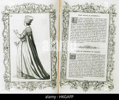 Cette peinture de 1860 de Cesare Vecellio intitulée *Sposa Ornata di Norimberga* représente une vue détaillée d'une mariée de Nuremberg vêtue d'une tenue traditionnelle du XVIe siècle. L'œuvre offre un aperçu de la mode européenne historique, en particulier les riches styles vestimentaires de l'époque. Banque D'Images