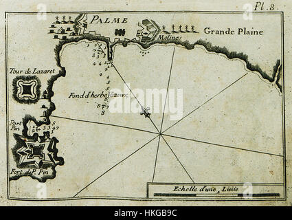 La carte de 1804 de Joseph Roux illustre les ports et les baies de Palma de Majorque et Porto Pi, offrant une vue cartographique détaillée et historiquement significative de l'infrastructure maritime de l'île. Banque D'Images