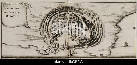 Cette gravure, intitulée 'Afbeelding der oude stad Rhodus', créée par Olfert Dapper en 1688, représente l'ancienne ville de Rhodes. Il capture l'architecture historique et les paysages urbains de la fin du XVIIe siècle. Banque D'Images