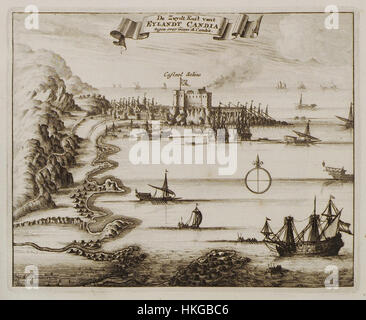 Cette carte de 1688 d'Olfert Dapper illustre la côte sud de la Crète, en se concentrant sur Candie et ses environs. La carte capture les caractéristiques géographiques détaillées de la région à la fin du XVIIe siècle. Banque D'Images