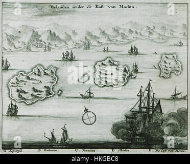 'Eylanden onder de Kust van Modon' de Dapper Olfert, créé en 1688, est une peinture de paysage historique qui capture les régions côtières près de Modon. Il offre un aperçu de la géographie et du contexte militaire de l'époque. Banque D'Images