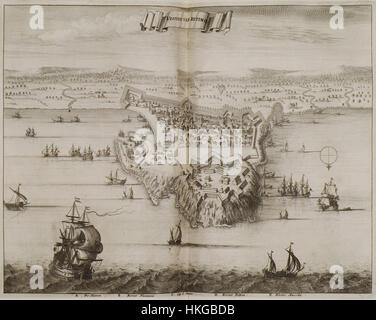 Le « Vesting van Retimo » de l'œuvre d'Olfert Dapper en 1688 illustre la ville fortifiée de Retimo en Crète. La gravure détaillée de Dapper donne un aperçu des mécanismes de défense de la ville et de son importance stratégique à la fin du XVIIe siècle. Banque D'Images