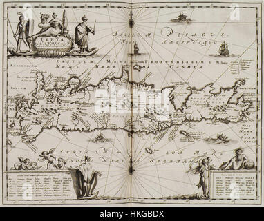 Cette carte, intitulée 'Creta nu Candia met Oude en Hedendaeghse Namen', a été créée par Olfert Dapper en 1688. C'est une représentation historique de l'île de Crète avec des noms anciens et modernes, offrant un aperçu de la géographie et du paysage politique de l'époque. Banque D'Images