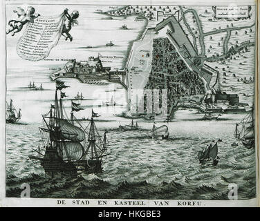 'De Stad en Kasteel van Korfu' de Dapper Olfert, créé en 1688, représente la ville et le château de Corfou avec des détails architecturaux précis et un contexte historique. La peinture capture la grandeur de l'endroit à la fin du XVIIe siècle, offrant un aperçu du passé. La maîtrise du paysage et de la peinture architecturale d'Olfert fait de cette œuvre une pièce importante pour les collectionneurs d'art historique, mettant en valeur le paysage urbain dans sa splendeur d'époque. Banque D'Images
