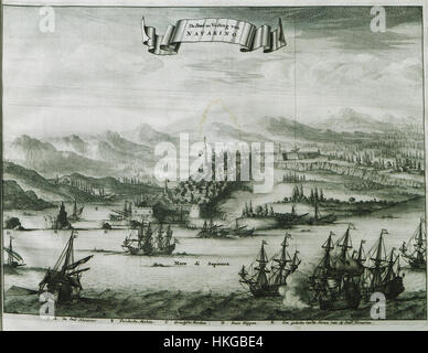 Cette gravure d'Olfert Dapper de 1688 représente la ville et la forteresse de Navarin, capturant les fortifications et l'emplacement stratégique de la colonie. L'œuvre d'art détaillée offre une vue historique de la ville méditerranéenne au XVIIe siècle, mettant en valeur son importance militaire et architecturale. Banque D'Images