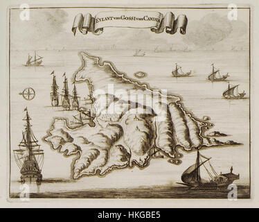 Ce tableau, créé par Olfert Dapper en 1688, illustre l'île de Gossi à Candie, aujourd'hui Crète. Les œuvres de Dapper reflètent les caractéristiques géographiques et culturelles de la région à la fin du XVIIe siècle. Banque D'Images