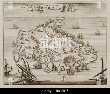 L'œuvre de 1688 'Het eylant Rhodus' d'Olfert Dapper représente l'île de Rhodes, une ancienne île grecque réputée pour son importance historique et culturelle. La peinture illustre la topographie et les monuments de Rhodes à la fin du XVIIe siècle, offrant un aperçu des caractéristiques géographiques de l'île et de sa place dans l'exploration européenne. Banque D'Images