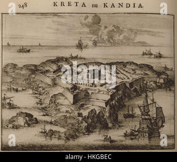 La 'Kreta nu Kandia Dapper Olfert 1688' fait référence à une carte historique de la fin du XVIIe siècle, détaillant l'île de Crète (Kreta) et les régions environnantes. Cette carte a été créée par Olfert Dapper, un cartographe néerlandais renommé connu pour ses travaux géographiques détaillés et précis. Il sert d'artefact historique important mettant en valeur la compréhension de la géographie méditerranéenne dans les années 1600 Banque D'Images
