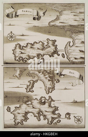 Cette carte de 1688 d'Olfert Dapper illustre les îles de Samos et Chios dans la mer Égée. La carte est une représentation historique de la géographie de la région, fournissant un aperçu précieux des divisions territoriales et des routes maritimes de l'époque. Le travail de Dapper est significatif pour son exactitude et son contexte historique. Banque D'Images