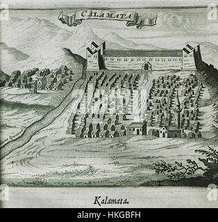 Cette peinture d’Olfert Dapper, intitulée « Calamata », créée en 1688, met en valeur l’exploration par l’artiste de thèmes historiques et géographiques. Le travail de Dapper met l’accent sur l’intersection de l’art, de l’exploration et de la documentation historique du XVIIe siècle. Banque D'Images