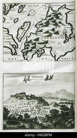 Cette œuvre, créée en 1688, représente le portrait de Cefalonia par Dapper Olfert, une île de Grèce, connue pour sa riche histoire culturelle et son paysage méditerranéen. La peinture reflète la beauté et le contexte historique de la région. Banque D'Images