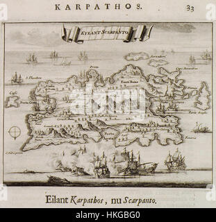 Ce tableau, créé par Olfert Dapper en 1688, illustre l'île de Scarpanto (actuel Karapathos) dans la mer Égée. Le travail détaillé de Dapper met en évidence les caractéristiques géographiques et l’importance culturelle de l’île à la fin du XVIIe siècle. Banque D'Images