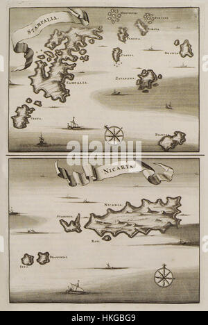 Cette carte de 1688 d'Olfert Dapper illustre l'île d'Astypalaia et les îlots environnants, offrant un aperçu rare de la géographie de la mer Égée à la fin du XVIIe siècle. La carte met en évidence les îles clés et les routes maritimes de la période. Banque D'Images