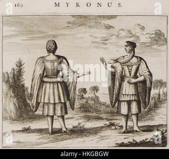 'Women of Myconos' de Dapper Olfert représente des femmes de l'île de Mykonos en tenue traditionnelle. La gravure, créée en 1688, met en valeur les coutumes culturelles et les vêtements de la région, donnant un aperçu des aspects historiques et sociaux de la vie insulaire grecque du XVIIe siècle. Banque D'Images