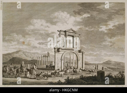 Cette illustration de 1794 par Stuart James et Revett Nicholas présente l'emblématique Arc d'Hadrien à Athènes, capturant l'architecture classique de la Grèce antique. Banque D'Images